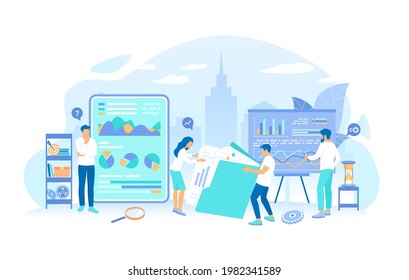 A team of specialists analyzes documents, graphics, charts. Analytics, analysis, analyzing, data processing, success strategy. Working process, teamwork communication. Vector