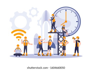 A team of specialists is building a rocket. Startup concept. Teamwork research and development. Web banner design template vector illustration flat style. Group of engineers leadership and unity.