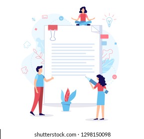 A team of specialists draw up a contract. Flat vector illustration.
