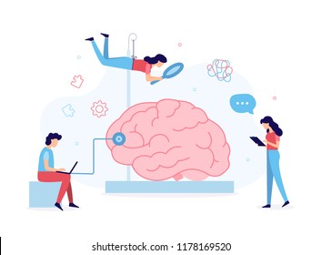 The team of specialists examining the issues of brain. Mental health concept. Flat vector illustration.