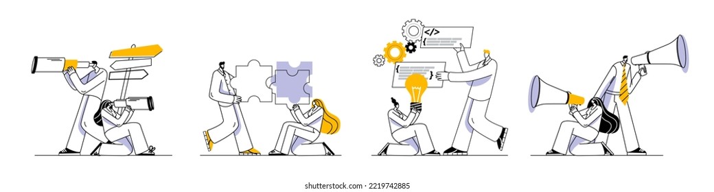 A team of specialists is looking for something, assembling a puzzle, shouting into megaphones. A set of vector business illustration in a simple style.