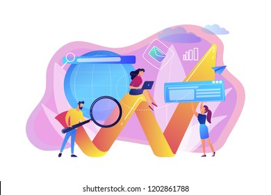 Team of specialists with magnifier and laptop and arrow. Digital marketing, PPC campaign, customer relationships concept on white background. Bright vibrant violet vector isolated illustration