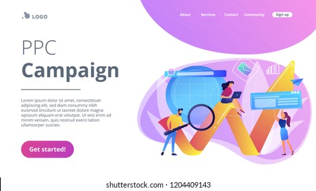Team of specialists with magnifier and laptop and arrow. Digital marketing, PPC campaign, customer relationships concept on white background. Website vibrant violet landing web page template.