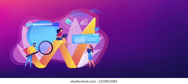 Team of specialists with magnifier and laptop and arrow. Digital marketing, PPC campaign, customer relationships concept on white background. Header or footer banner template with copy space.