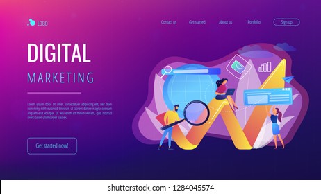 Team of specialists with magnifier and laptop and arrow. Digital marketing, PPC campaign, customer relationships concept on white background. Website vibrant violet landing web page template.