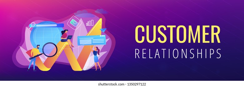 Team of specialists with magnifier and laptop and arrow. Digital marketing, PPC campaign, customer relationships concept on white background. Header or footer banner template with copy space.