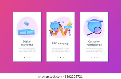 Team of specialists with magnifier and laptop and arrow. Digital marketing, PPC campaign, customer relationships concept on white background. Mobile UI UX GUI template, app interface wireframe