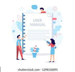 A team of specialists make up the user manual. Web development concept. Flat vector illustration.