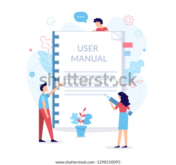 A team of specialists\
make up the user manual. Web development concept. Flat vector\
illustration.