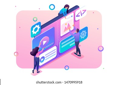 Team of specialists is working on the creation of web design. Concept of teamwork. 3d isometric. Concept for web design