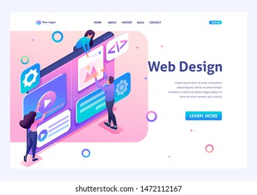 Team of specialists is working on the creation of web design. Concept of teamwork. 3d isometric. Landing page concepts and web design