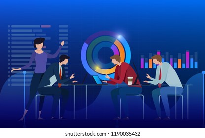 Team of specialists working on digital marketing strategy, digital analysis, profit concept. Blue violet background. Vector illustration of data science.