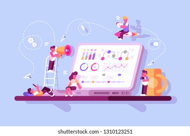 Team of specialists working on digital marketing strategy. Business analysis content and management concept vector illustration. Landing page template flat style design