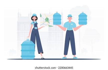 Team specializing in the delivery of water. Cartoon trendy style. Vector illustration.