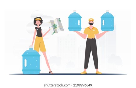 Team specializing in the delivery of water. Modern style. Vector illustration.