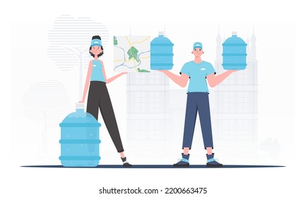 Team specializing in the delivery of water. Modern trendy style. Vector.