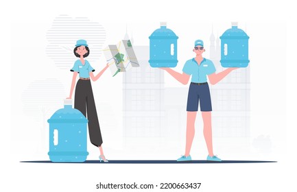 Team specializing in the delivery of water. trendy style. Vector.