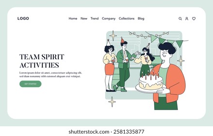 Team spirit activities illustration. Showcases a vibrant workplace celebration scene where team members engage in fun, fostering camaraderie and morale. Encouraging collaboration and trust, the