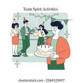 Team spirit activities provide engaging environments for celebration and connection among colleagues. This illustration captures a joyful moment where individuals enjoy a festive gathering, sharing