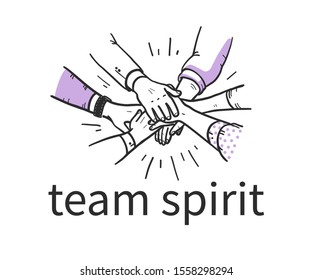 Team Spirit Concept With Human Hands Holding Together Isolatex On White Background. Team Work, Partnership, Team Building. Hand Drawn Sketch Style. Vector Illustration. 