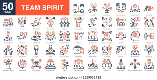 Team Spirit icon collection set. sucess, leader, team building, support icon. Simple line color vector.