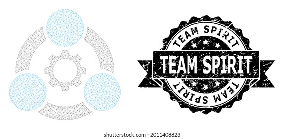 Team Spirit textured seal print and vector industrial collaboration mesh model. Black stamp seal includes Team Spirit tag inside ribbon and rosette. Abstract flat mesh industrial collaboration,