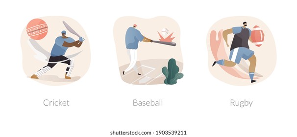 Team sport abstract concept vector illustration set. Cricket, baseball and rugby, playground field, play ball, sport game, athletic stadium, sports betting abstract metaphor.