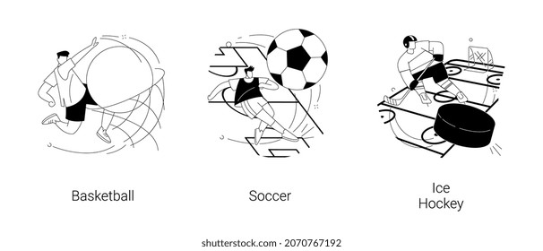 Team Sport Abstract Concept Vector Illustration Set. Basketball And Soccer, Ice Hockey, Tournament Winner Cup, Professional College Sports Team, Play Ball, Game Championship Abstract Metaphor.