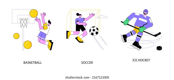 Team Sport Abstract Concept Vector Illustration Set. Basketball And Soccer, Ice Hockey, Tournament Winner Cup, Professional College Sports Team, Play Ball, Game Championship Abstract Metaphor.