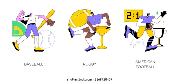 Team Sport Abstract Concept Vector Illustration Set. Baseball, Rugby And American Football, Playing Game, Touchdown, Sports Betting, Match Ball, World Cup, Training Field, Uniform Abstract Metaphor.