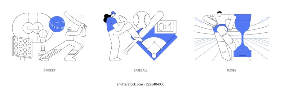 Team sport abstract concept vector illustration set. Cricket, baseball and rugby, playground field, play ball, sport game, world cup league, athletic stadium, sports betting abstract metaphor.