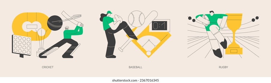 Team sport abstract concept vector illustration set. Cricket, baseball and rugby, playground field, play ball, sport game, world cup league, athletic stadium, sports betting abstract metaphor.