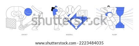 Team sport abstract concept vector illustration set. Cricket, baseball and rugby, playground field, play ball, sport game, world cup league, athletic stadium, sports betting abstract metaphor.