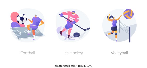 Team sport championship abstract concept vector illustration set. Football, ice hockey and volleyball, soccer college team, sports betting, competition match, uniform, training abstract metaphor.