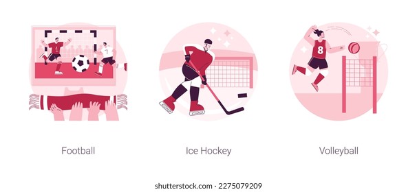 Team sport championship abstract concept vector illustration set. Football, ice hockey and volleyball, soccer college team, sports betting, competition match, uniform, training abstract metaphor.