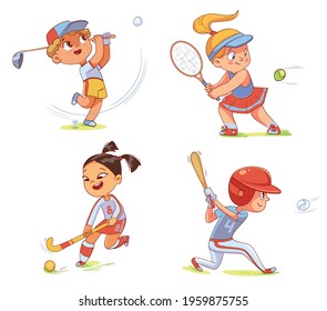 Team Sport. Field hockey, baseball, tennis, golfing. Set. Colorful cartoon characters. Funny vector illustration. Isolated on white background