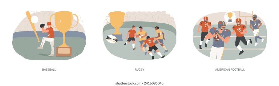 Team sport isolated concept vector illustration set. Baseball, rugby and american football, playing game, touchdown, sports betting, match ball, world cup, training field, uniform vector concept.