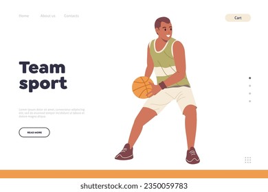 Team sport landing page with happy cheerful sportsman basketball player character with ball design