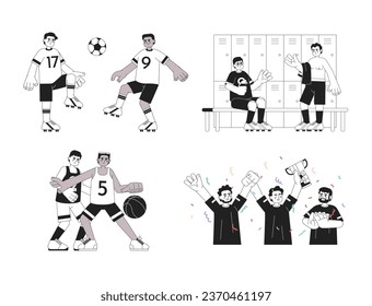 Team sport monochrome concept vector spot illustrations set. Playing football, basketball. Winning 2D flat bw cartoon characters for web UI design. Isolated editable hand drawn hero image collection