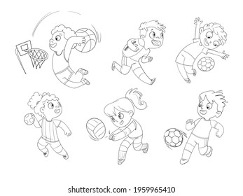 Team Sport. Set. Volleyball, football, basketball, rugby, handball, dodgeball. Funny cartoon characters. Vector illustration. Isolated on white background. Coloring book