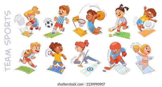 Team sport. Volleyball, football, basketball, hockey, dodgeball, rugby, handball, curling, water polo. Colorful cartoon characters. Funny vector illustration. Isolated on white background. Set