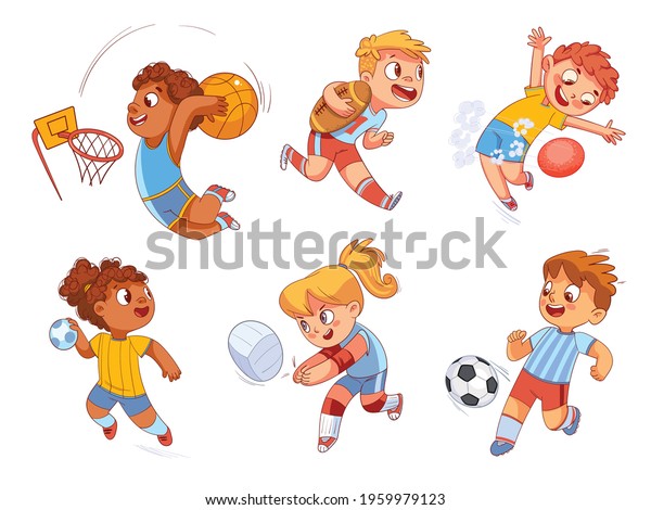 Team Sport.\
Volleyball, football, basketball, rugby, handball, dodgeball. Set.\
Colorful cartoon characters. Funny vector illustration. Isolated on\
white background