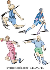 Team Sports: Basketball, Field hockey, Handball and Soccer. Set of color vector illustrations.