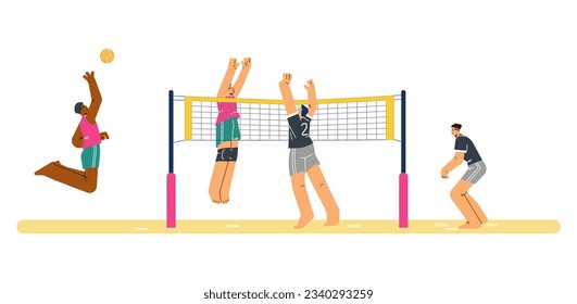 Team sports game vector isolated illustration. Men playing volleyball on the court. Volleyball competitions or tournament. People playing volleyball together, sport, healthy lifestyle