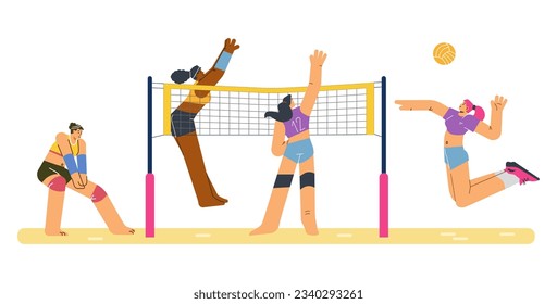 Team sports game vector isolated illustration. Women playing volleyball on the court. Volleyball competitions or tournament. People playing volleyball together, sport, healthy lifestyle