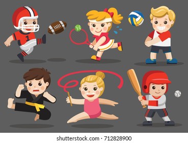 Team Sports For Kids Including Karate, Volleyball, American Football, Baseball, Tennis, Gymnastic.