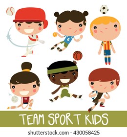 Team Sports Kids Set. Baseball, Handball, Soccer, Volleyball, Basketball, Rugby Kids.