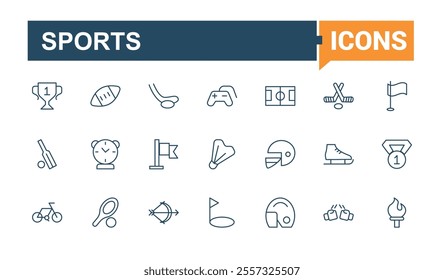 Team Sports line icons set. Includes thin line timer, line, shoes, soccer ball, medical, medal, play and more. Outline symbol collection. Editable vector illustration.