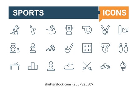 Team Sports line icons set. Includes thin line timer, line, shoes, soccer ball, medical, medal, play and more. Outline symbol collection. Editable vector illustration.