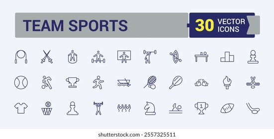 Team Sports line icons set. Includes thin line timer, line, shoes, soccer ball, medical, medal, play and more. Outline symbol collection. Editable vector illustration.